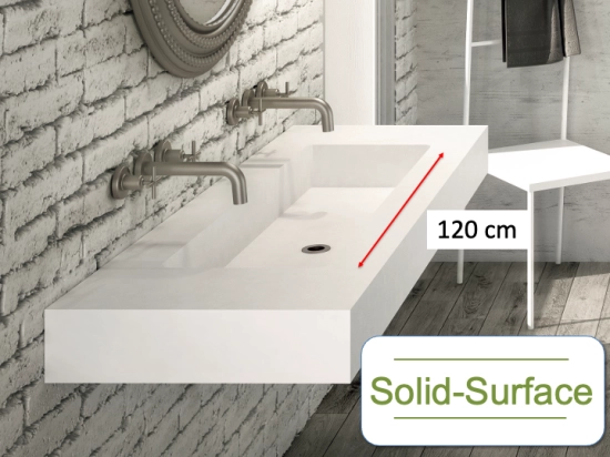 Plan vasque lavabo sur mesure : L 130 à 201 x P 40 à 51 cm, finition lisse mate, Solid-Surface, Anti bactérien, résine Akrytan® teinté dans la masse, Livraison Offerte.